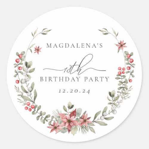 Boho Winter Greenery Red Floral 18th Birthday Classic Round Sticker