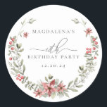 Boho Winter Greenery Red Floral 18th Birthday Classic Round Sticker<br><div class="desc">Modern sage green watercolor Boho botanical frame is accented with small poinsettia flowers.</div>