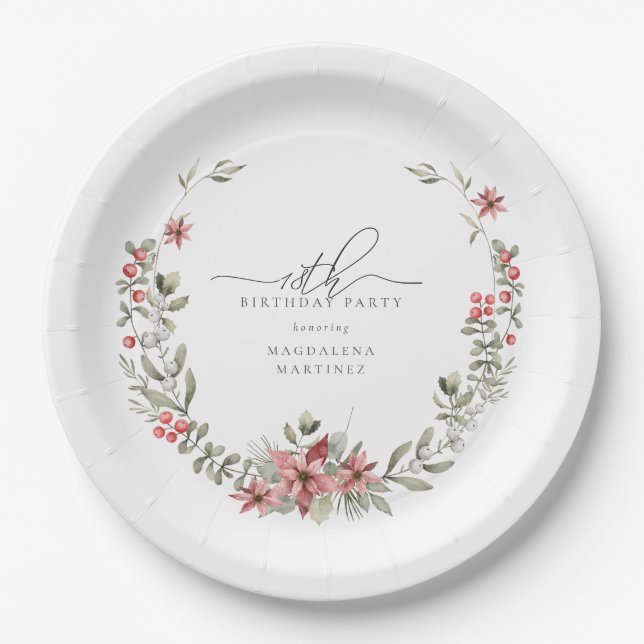 Boho Winter Greenery Red Floral 18th Birthday Paper Plates (Front)
