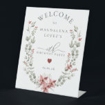 Boho Winter Greenery Red Floral 18th Birthday Pedestal Sign<br><div class="desc">Modern sage green watercolor Boho botanical frame is accented with small poinsettia flowers. Sophisticated and contemporary winter aesthetic.</div>