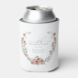 Boho Winter Greenery Red Floral 19th Birthday Can Cooler