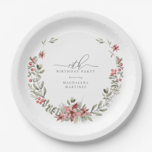 Boho Winter Greenery Red Floral 19th Birthday Paper Plates