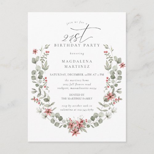 Boho Winter Greenery Red Floral 21st Birthday Invitation Postcard