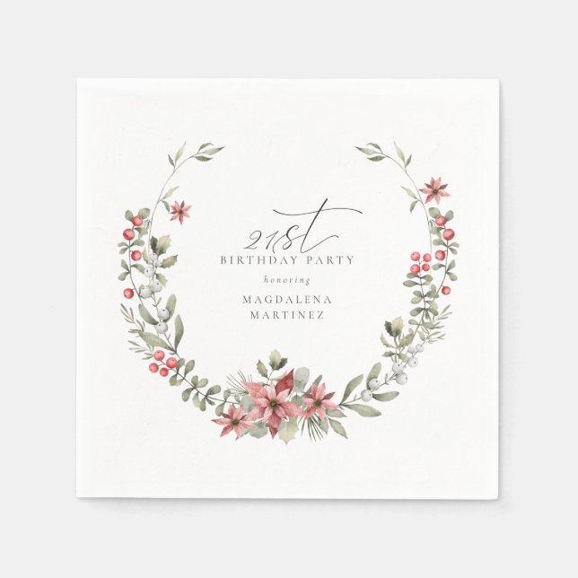 Boho Winter Greenery Red Floral 21st Birthday Napkins (Front)