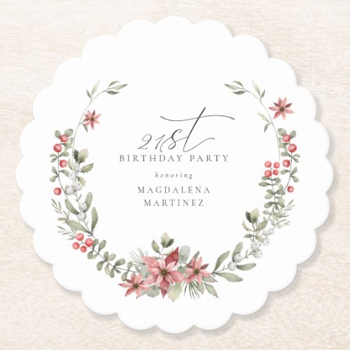 Boho Winter Greenery Red Floral 21st Birthday Paper Coaster