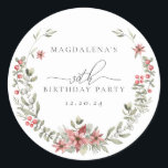 Boho Winter Greenery Red Floral 30th Birthday Classic Round Sticker<br><div class="desc">Modern sage green watercolor Boho botanical frame is accented with small poinsettia flowers.</div>