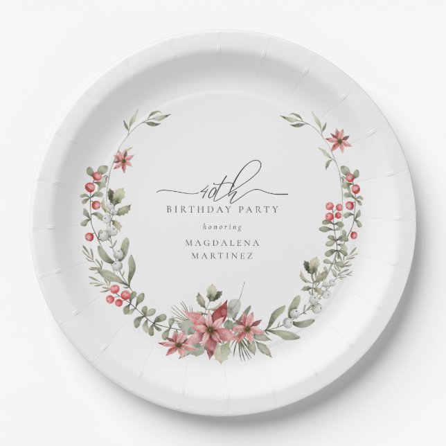 Boho Winter Greenery Red Floral 40th Birthday Paper Plates (Front)