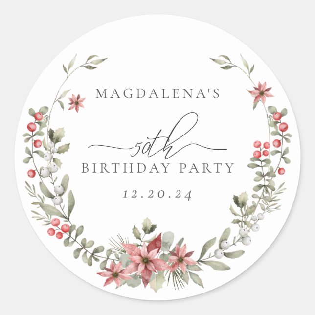 Boho Winter Greenery Red Floral 50th Birthday Classic Round Sticker (Front)