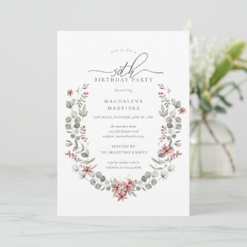 Boho Winter Greenery Red Floral 50th Birthday Invitation