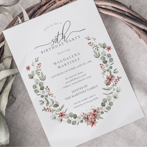 Boho Winter Greenery Red Floral 50th Birthday Invitation