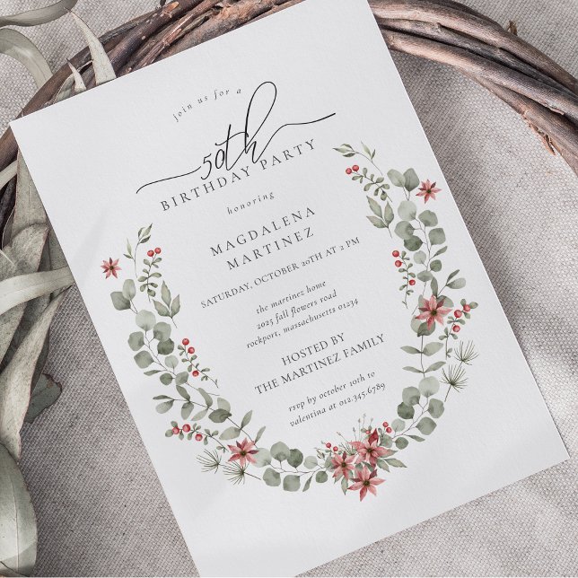 Boho Winter Greenery Red Floral 50th Birthday Invitation (Creator Uploaded)