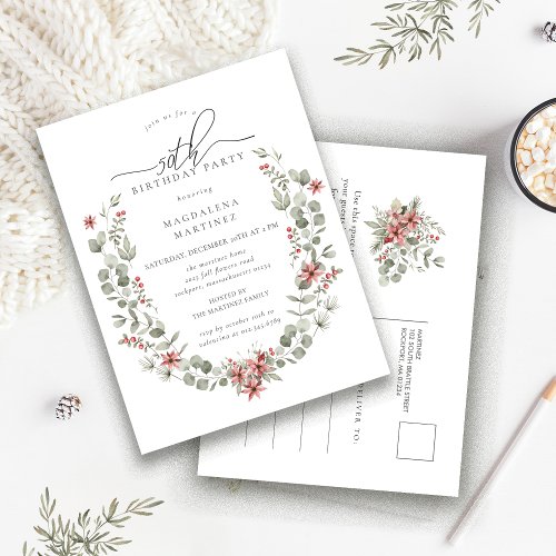 Boho Winter Greenery Red Floral 50th Birthday Invitation Postcard