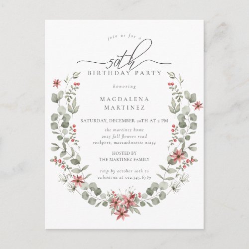 Boho Winter Greenery Red Floral 50th Birthday Invitation Postcard