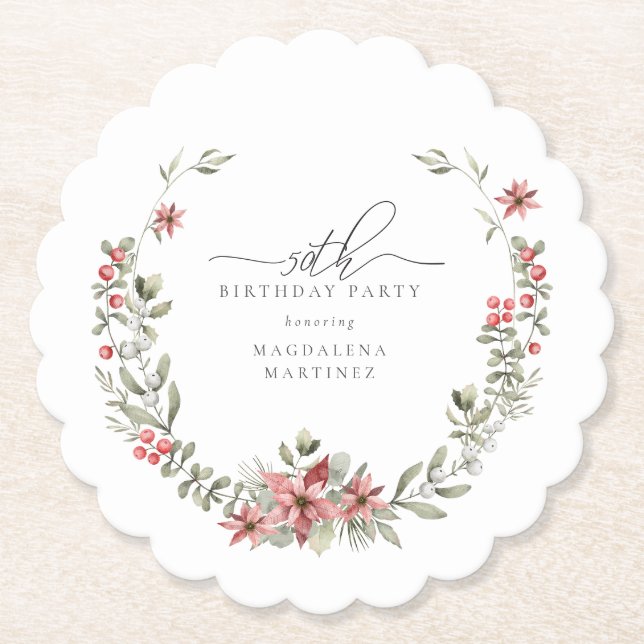 Boho Winter Greenery Red Floral 50th Birthday Paper Coaster (Front)
