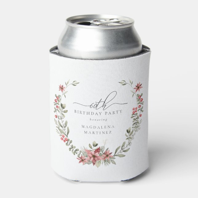 Boho Winter Greenery Red Floral 60th Birthday Can Cooler (Can Front)