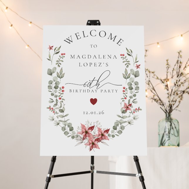 Boho Winter Greenery Red Floral 60th Birthday Foam Board (In Situ (Stand))