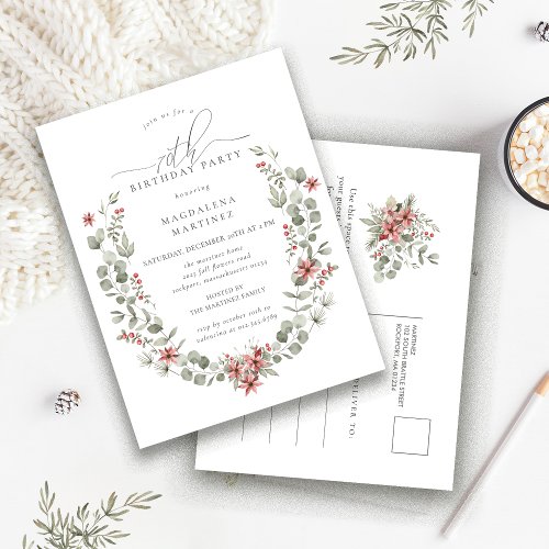 Boho Winter Greenery Red Floral 70th Birthday Invitation Postcard