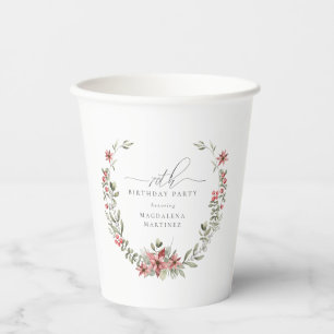 Boho Winter Greenery Red Floral 70th Birthday Paper Cups