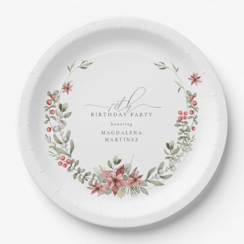 Boho Winter Greenery Red Floral 70th Birthday Paper Plates