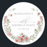 Boho Winter Greenery Red Floral 80th Birthday Classic Round Sticker<br><div class="desc">Modern sage green watercolor Boho botanical frame is accented with small poinsettia flowers.</div>