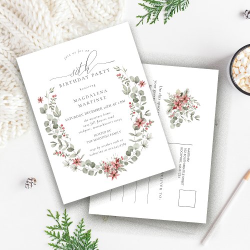 Boho Winter Greenery Red Floral 80th Birthday Invitation Postcard