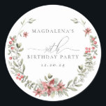 Boho Winter Greenery Red Floral 90th Birthday Classic Round Sticker<br><div class="desc">Modern sage green watercolor Boho botanical frame is accented with small poinsettia flowers.</div>