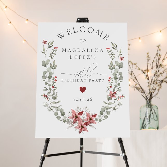 Boho Winter Greenery Red Floral 90th Birthday Foam Board (In Situ (Stand))