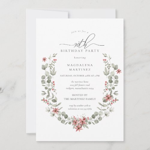 Boho Winter Greenery Red Floral 90th Birthday Invitation