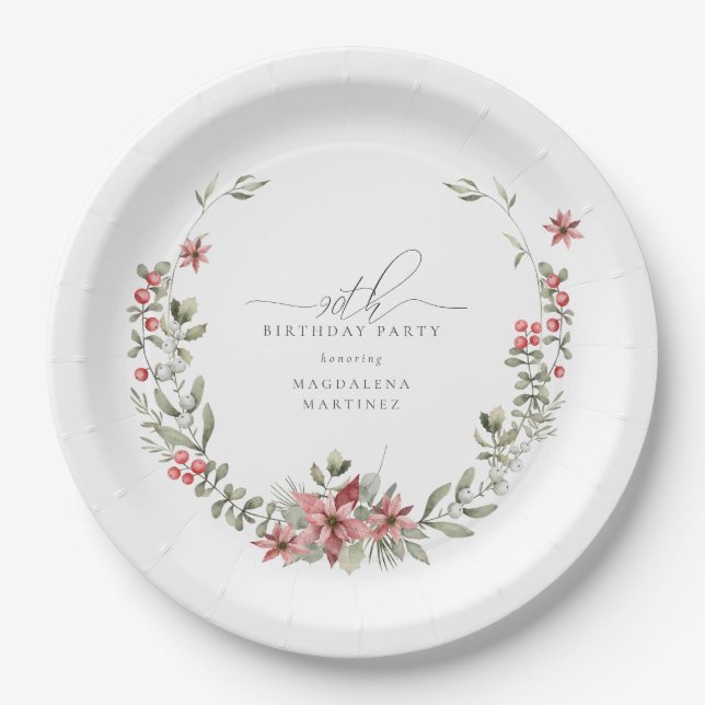 Boho Winter Greenery Red Floral 90th Birthday Paper Plates (Front)