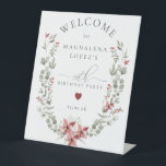 Boho Winter Greenery Red Floral 90th Birthday Pedestal Sign<br><div class="desc">Modern sage green watercolor Boho botanical frame is accented with small poinsettia flowers. Sophisticated and contemporary winter aesthetic.</div>