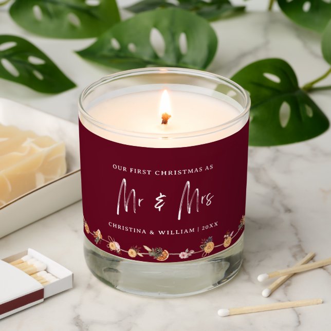 Boho Winter Holiday Burgundy First Christmas Scented Candle (Lit)