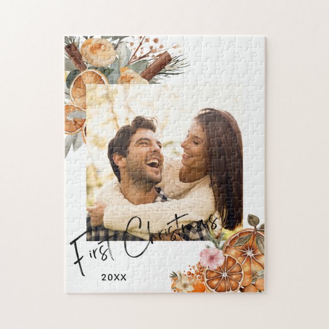 Boho Winter Holiday First Christmas Couple Photo Jigsaw Puzzle (Vertical)