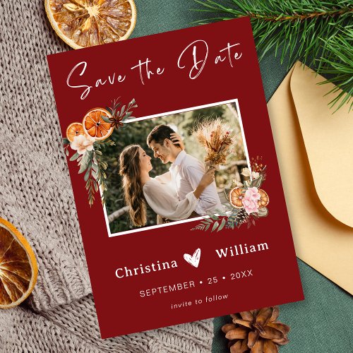 Boho Winter Holiday Wedding Burgundy Save the Date Invitation