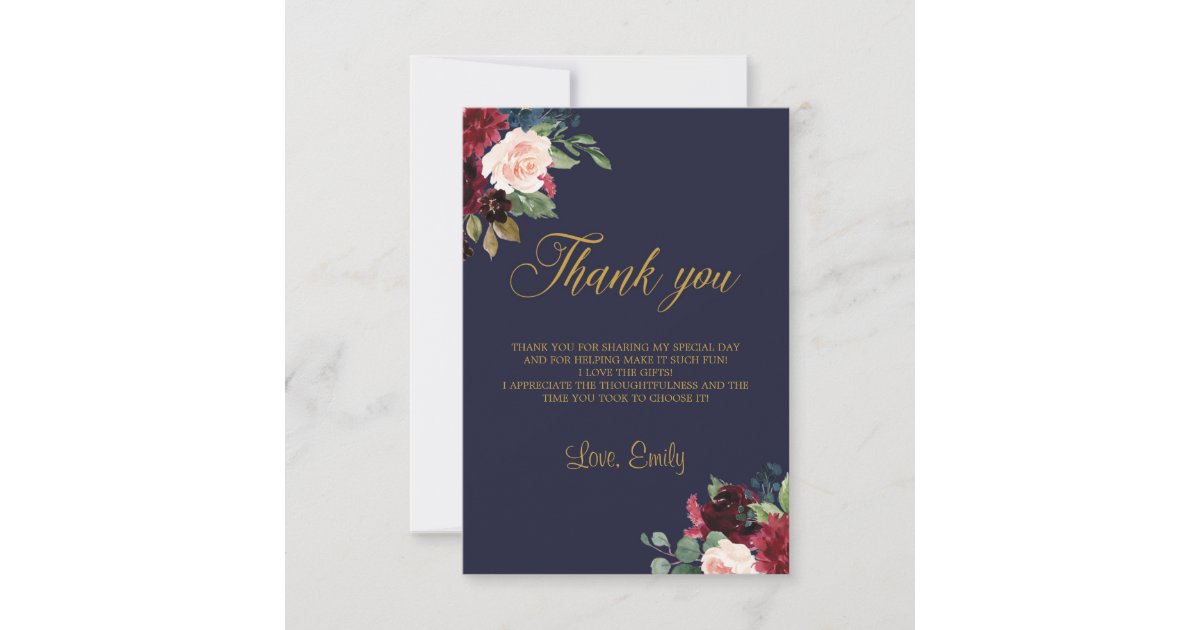 Boho winter navy burgundy floral bridal shower thank you card | Zazzle