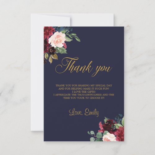 Boho winter navy burgundy floral bridal shower thank you card