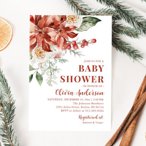 Boho Winter Red Floral Christmas Baby Shower Invitation