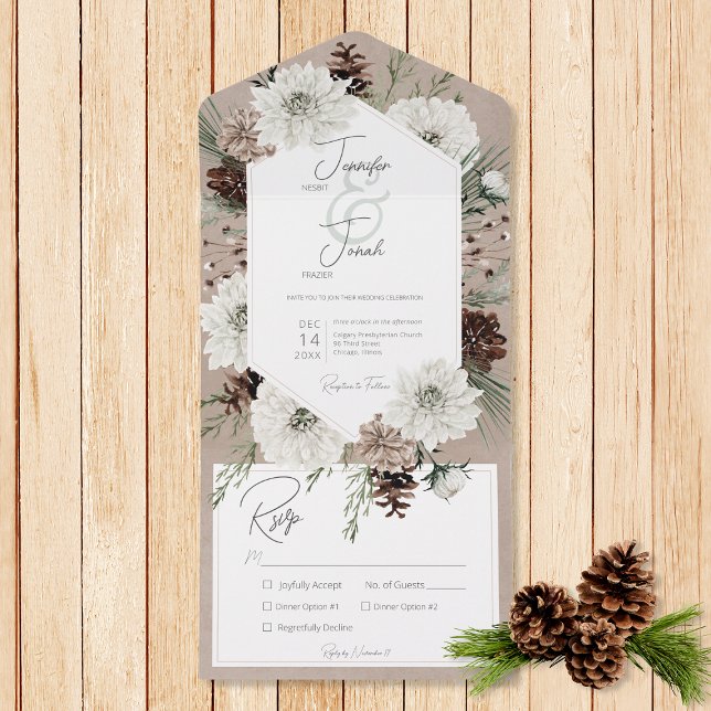 Boho Winter White Floral & Pine Brown Dinner All In One Invitation (Also available with a QR code or with dinner selection options.)