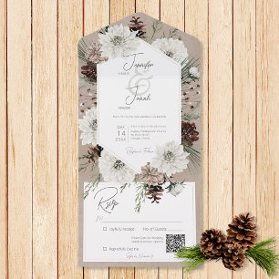 Boho Winter White Floral & Pine Brown QR Code All In One Invitation