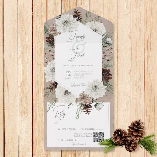 Boho Winter White Floral  Pine Brown QR Code All In One Invitation