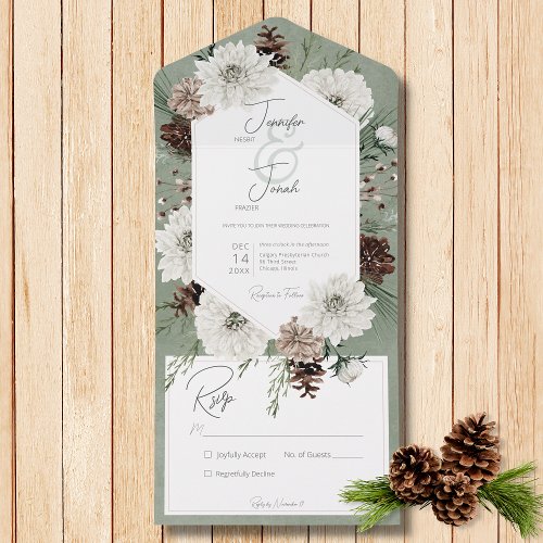 Boho Winter White Floral  Pine Green No Dinner All In One Invitation