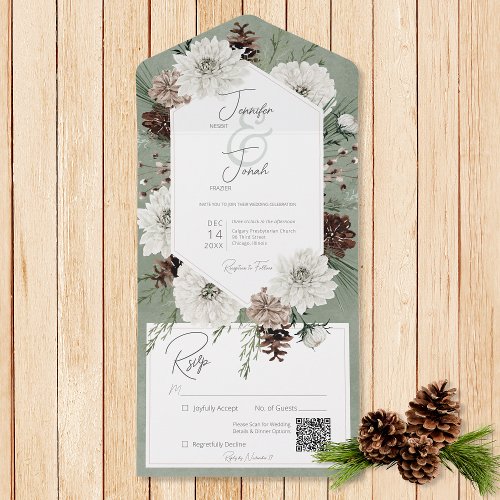 Boho Winter White Floral  Pine Green QR Code All In One Invitation