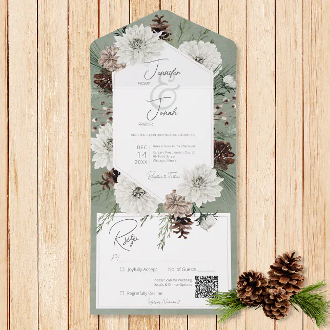 Boho Winter White Floral & Pine Green QR Code All In One Invitation ...