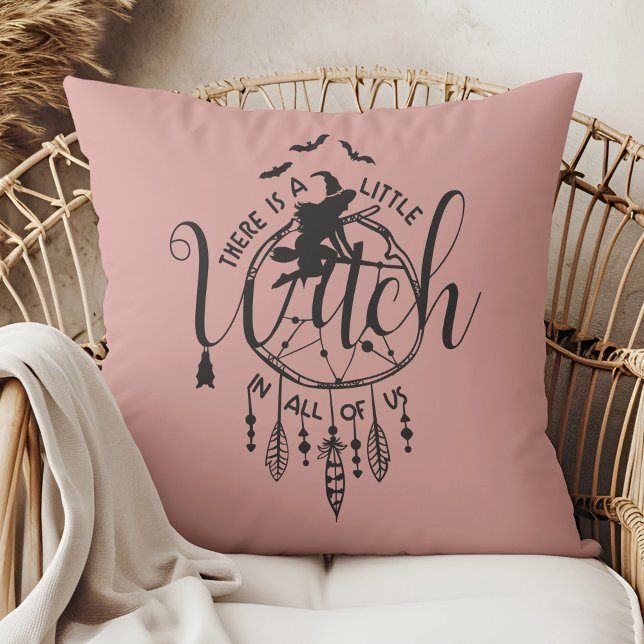 Boho Witch Vibes – Little Witch in All of Us Throw Pillow (Boho Witch Vibes – Little Witch in All of Us Throw Pillow in a boho rattan armchair.)