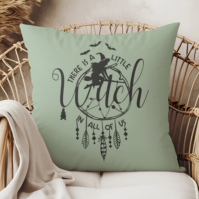 Boho Witch Vibes Tote – Little Witch in All of Us Throw Pillow (Boho Witch Vibes – Little Witch in All of Us Throw Pillow in a boho rattan armchair.)