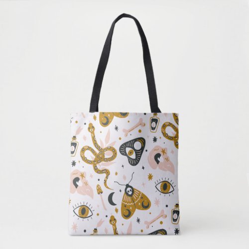 Boho Witchy Tote Bag with Illustrated Pattern