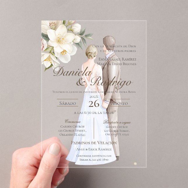 Boho with bride and groom wedding acrylic invitations (Insitu (Handheld))
