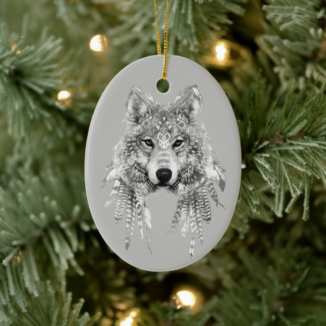 Boho Wolf Customizable  Ceramic Ornament (Tree)