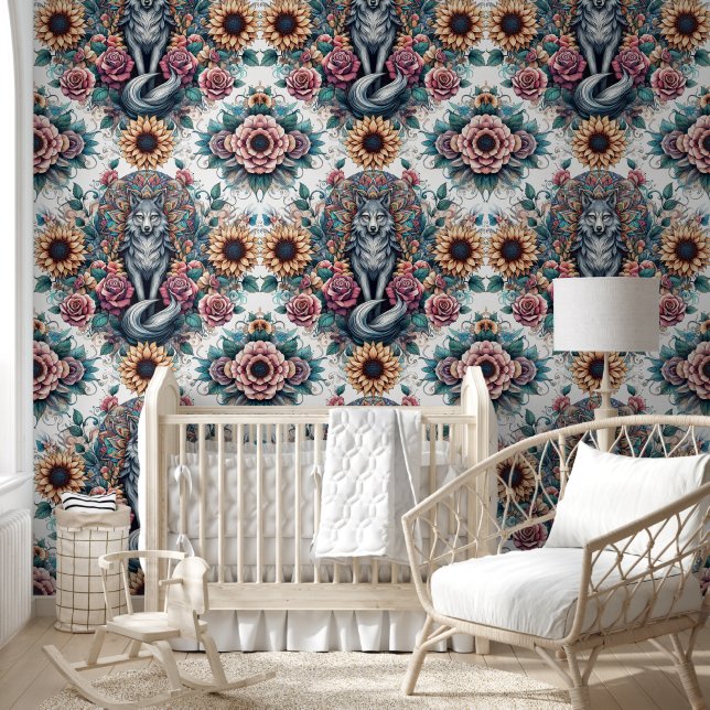 Boho Wolf & Sunflower Harmony Wallpaper (Kids)