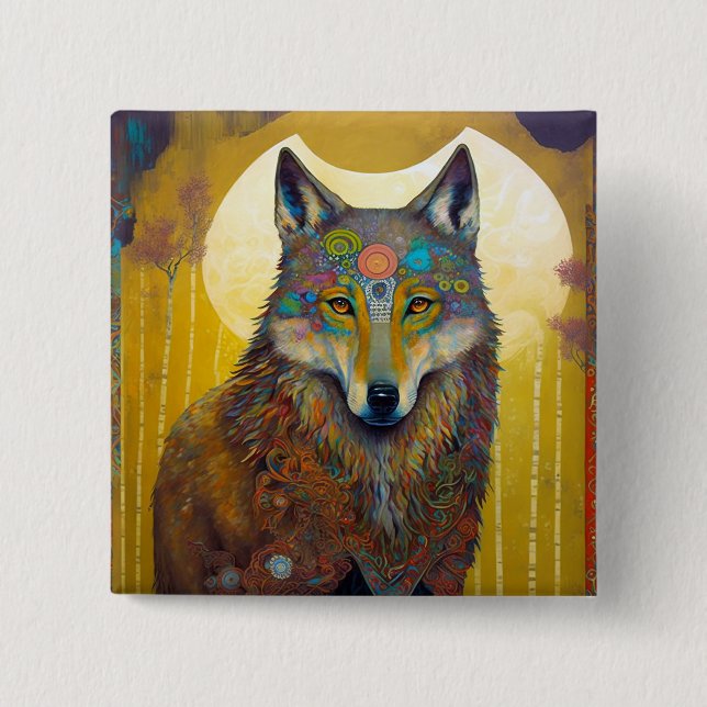 Boho Wolf Surreal Wildlife Art Button (Front)