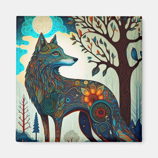 Boho Wolf Surreal Wildlife Art Button Magnet (Front)